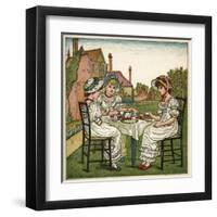 Three Young Girls Having a Tea Party-Kate Greenaway-Framed Art Print