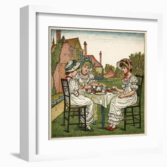 Three Young Girls Having a Tea Party-Kate Greenaway-Framed Art Print