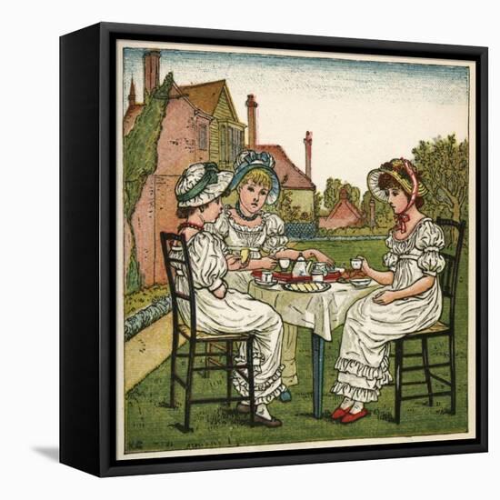 Three Young Girls Having a Tea Party-Kate Greenaway-Framed Stretched Canvas