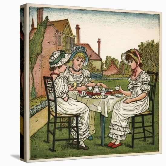 Three Young Girls Having a Tea Party-Kate Greenaway-Stretched Canvas