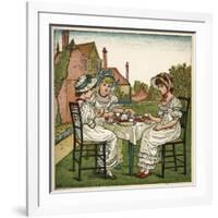 Three Young Girls Having a Tea Party-Kate Greenaway-Framed Art Print