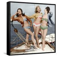 Three Young Women Wearing Bikinis Late 50's - Early 60's Colourized Document-null-Framed Stretched Canvas