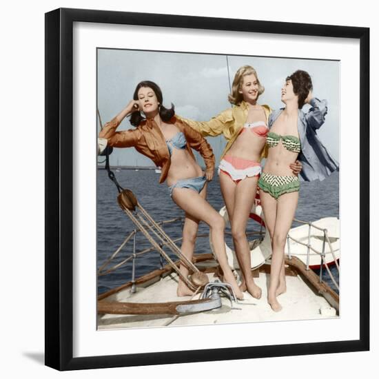 Three Young Women Wearing Bikinis Late 50's - Early 60's Colourized Document-null-Framed Photo