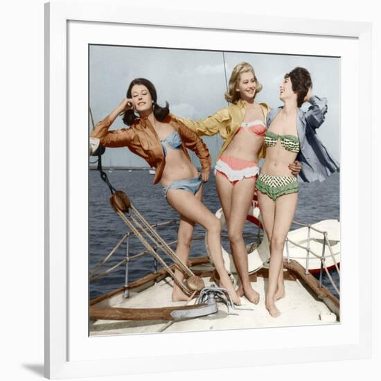 Three Young Women Wearing Bikinis Late 50's - Early 60's Colourized Document-null-Framed Photo