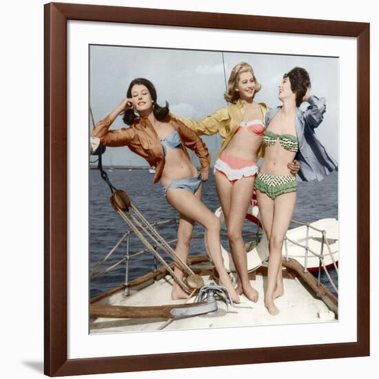 Three Young Women Wearing Bikinis Late 50's - Early 60's Colourized Document-null-Framed Photo