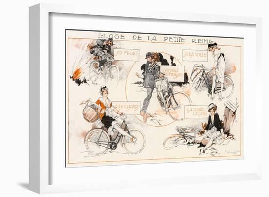 Thrills and Spills of a Lady Cyclist-null-Framed Art Print