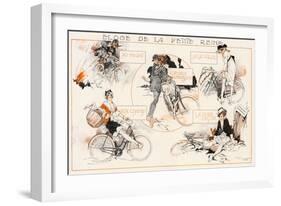 Thrills and Spills of a Lady Cyclist-null-Framed Art Print