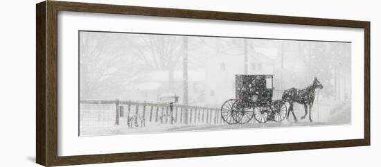 Through a Driving Snow Storm, an Amish Buggy Travels Along a Road in Parkman, Ohio-null-Framed Photographic Print