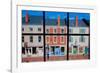 Through interior window pains, storefronts line Water Street in Hallowell, Maine-null-Framed Photographic Print