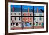 Through interior window pains, storefronts line Water Street in Hallowell, Maine-null-Framed Photographic Print