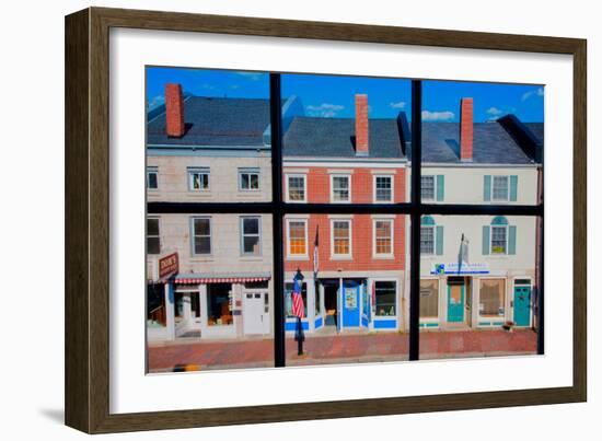 Through interior window pains, storefronts line Water Street in Hallowell, Maine-null-Framed Photographic Print