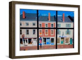 Through interior window pains, storefronts line Water Street in Hallowell, Maine-null-Framed Photographic Print