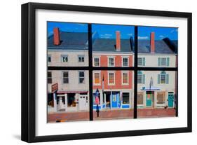 Through interior window pains, storefronts line Water Street in Hallowell, Maine-null-Framed Photographic Print