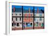 Through interior window pains, storefronts line Water Street in Hallowell, Maine-null-Framed Photographic Print