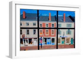 Through interior window pains, storefronts line Water Street in Hallowell, Maine-null-Framed Photographic Print