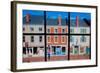 Through interior window pains, storefronts line Water Street in Hallowell, Maine-null-Framed Photographic Print