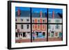 Through interior window pains, storefronts line Water Street in Hallowell, Maine-null-Framed Photographic Print