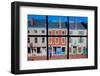 Through interior window pains, storefronts line Water Street in Hallowell, Maine-null-Framed Photographic Print