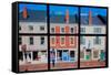 Through interior window pains, storefronts line Water Street in Hallowell, Maine-null-Framed Stretched Canvas