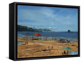 Thurlestone, Red Umbrella-Jennifer Wright-Framed Stretched Canvas