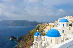 Classic Santorini Scene with Famous Blue Dome Churches-Tian He-Photographic Print