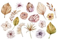 Watercolor Hand Painted Boho Flowers and Leaves Clipart, Individual Elements of Roses, Dried Leaves-Tiana Geo-Art Print