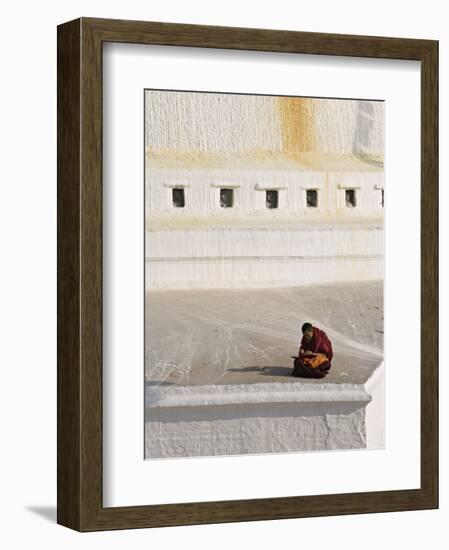 Tibetan Buddhist Monk Reading Scriptures at the Boudha Stupa at Bodhanath, Kathmandu, Nepal-Don Smith-Framed Photographic Print