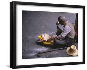 Tibetan Buddhist Pilgrim Reading Texts and Holding Prayer Wheel, Lhasa, China-Alison Wright-Framed Photographic Print