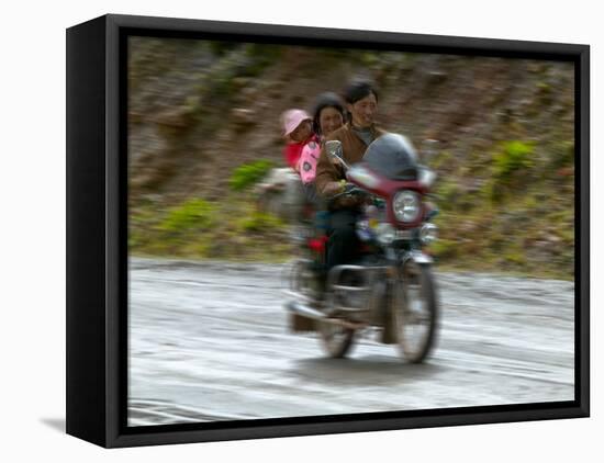 Tibetan Family Traveling on Motorbike in the Mountains, East Himalayas, Tibet, China-Keren Su-Framed Stretched Canvas