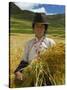 Tibetan Farmer Harvesting Barley, East Himalayas, Tibet, China-Keren Su-Stretched Canvas