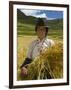 Tibetan Farmer Harvesting Barley, East Himalayas, Tibet, China-Keren Su-Framed Photographic Print