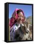 Tibetan Girl Holding Sheep in the Meadow, East Himalayas, Tibet, China-Keren Su-Framed Stretched Canvas