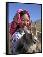 Tibetan Girl Holding Sheep in the Meadow, East Himalayas, Tibet, China-Keren Su-Framed Stretched Canvas