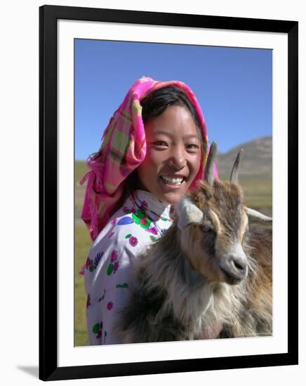 Tibetan Girl Holding Sheep in the Meadow, East Himalayas, Tibet, China-Keren Su-Framed Photographic Print