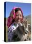 Tibetan Girl Holding Sheep in the Meadow, East Himalayas, Tibet, China-Keren Su-Stretched Canvas