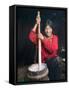 Tibetan Girl Making Butter Tea Inside the Yurt, Dingqing, Tibet, China-Keren Su-Framed Stretched Canvas