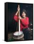 Tibetan Girl Making Butter Tea Inside the Yurt, Dingqing, Tibet, China-Keren Su-Framed Stretched Canvas