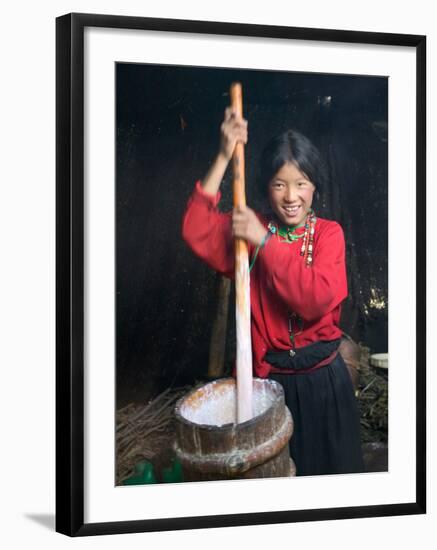 Tibetan Girl Making Butter Tea Inside the Yurt, Dingqing, Tibet, China-Keren Su-Framed Photographic Print