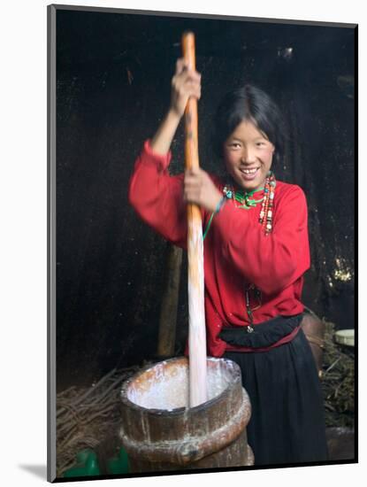 Tibetan Girl Making Butter Tea Inside the Yurt, Dingqing, Tibet, China-Keren Su-Mounted Photographic Print
