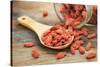 Tibetan Goji Berries (Wolfberry) Spilling of the Glass Jar on a Wooden Spoon, Selective Focus-PixelsAway-Stretched Canvas