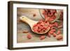 Tibetan Goji Berries (Wolfberry) Spilling of the Glass Jar on a Wooden Spoon, Selective Focus-PixelsAway-Framed Photographic Print