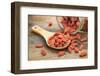 Tibetan Goji Berries (Wolfberry) Spilling of the Glass Jar on a Wooden Spoon, Selective Focus-PixelsAway-Framed Photographic Print