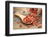 Tibetan Goji Berries (Wolfberry) Spilling of the Glass Jar on a Wooden Spoon, Selective Focus-PixelsAway-Framed Photographic Print