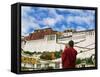 Tibetan Monk with Potala Palace, Lhasa, Tibet, China-Keren Su-Framed Stretched Canvas