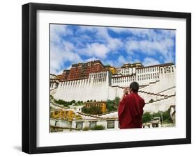 Tibetan Monk with Potala Palace, Lhasa, Tibet, China-Keren Su-Framed Photographic Print