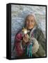 Tibetan Woman Holding Praying Wheel in Sakya Monastery, Tibet, China-Keren Su-Framed Stretched Canvas