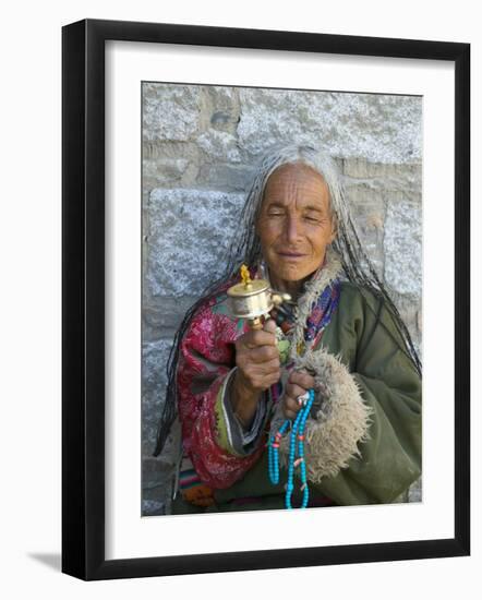 Tibetan Woman Holding Praying Wheel in Sakya Monastery, Tibet, China-Keren Su-Framed Photographic Print