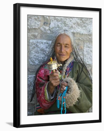 Tibetan Woman Holding Praying Wheel in Sakya Monastery, Tibet, China-Keren Su-Framed Photographic Print