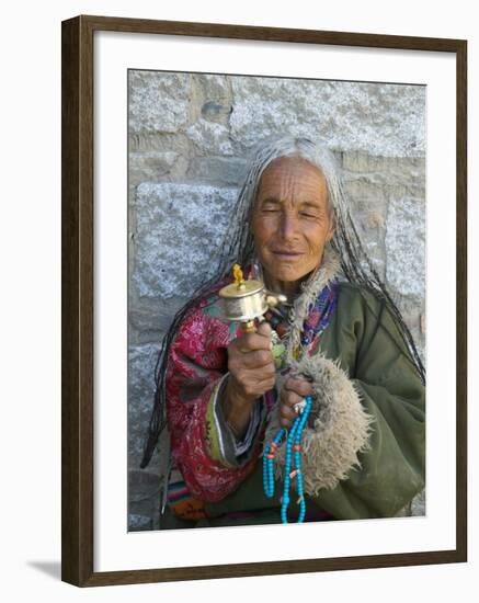 Tibetan Woman Holding Praying Wheel in Sakya Monastery, Tibet, China-Keren Su-Framed Photographic Print