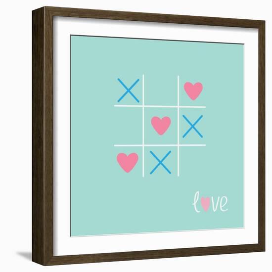 Tic Tac Toe Game with Cross and Heart Sign Mark Love Card Blue Pink Flat Design-worldofvector-Framed Art Print